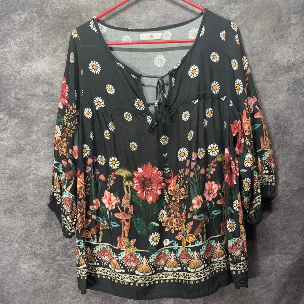 Natural Life Maribel Peasant Mushroom Floral V-Neck Boho Blouse Size S Tassels